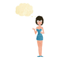 cartoon confused woman in cocktail dress with thought bubble