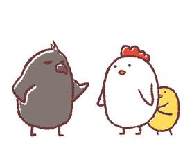 カラスからヒヨコを守るニワトリ