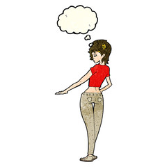 cartoon pretty girl in jeans and tee with thought bubble