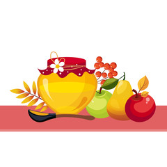 Autumn Harvest Illustration with Jar and Fruits 
