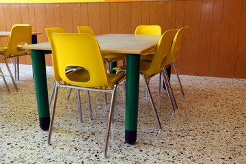 kindergarten with desks and yellow chairs without kids