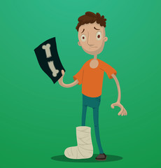 Vector man with a broken leg. Cartoon image of a man in blue pants and orange t-shirt with the right leg in plaster, holding an X-ray of a broken bone in his hand on a green background.