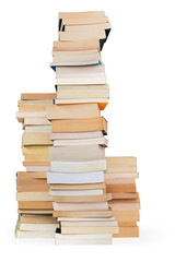 three towers of books on white background