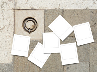 Multiple square frames on stone pavement background