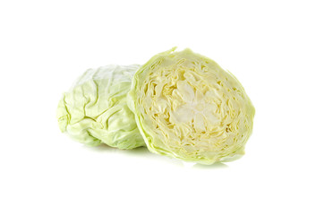 whole and half cut fresh cabbage on white background