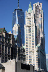 New York, les tours de Manhattan depuis Brooklyn Bridge