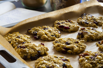 Tasty cookies on a baking tray, dessert