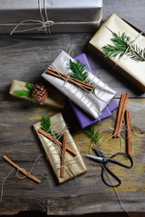 Stylish & Vintage christmas gifts box presents on the old wooden table