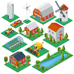 Isometric rural buildings and cottages. 3d tractor, combine, pickup  vector icons set