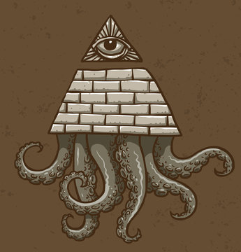 Vector Masonic symbol with tentacles, eye on top. Image of Masonic symbol as a triangle of bricks painted with an eye on top of the triangle and with tentacles below on a brown background. 