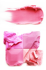 Eyeshadow pink and lipstick pink on a white background
