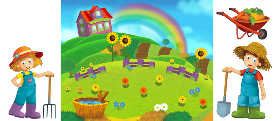 Cartoon farm scene with isolated elements for individual composition - illustration for the children