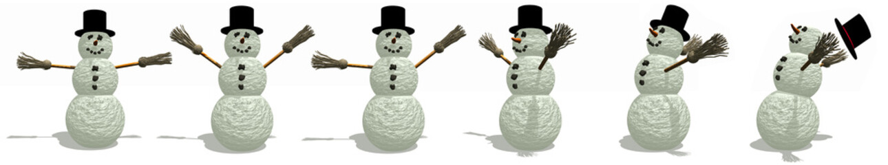 an illustrated border of snowman in different poses on white background
