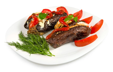 isolated image of baked eggplant on a white background closeup