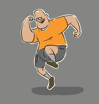 Vector cartoon image of a funny man with glasses, dressed in gray shorts and orange shirt doing sports exercises, jump on one leg on a gray background.