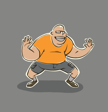 Vector cartoon image of a funny man with glasses, dressed in gray shorts and orange shirt doing sports exercises, standing as a goalkeeper on a gray background.