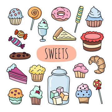 Hand drawn sweets: cakes, cupcakes, tarts, donuts, desserts. Vector image on white background.