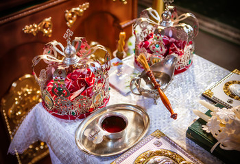 beautiful wedding crowns in church