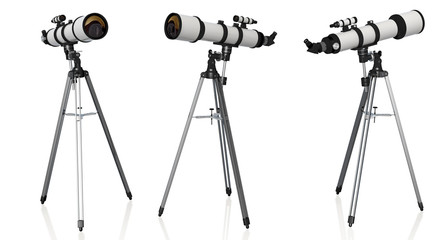 three telescopes on tripod isolated on white background