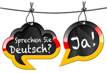 Fototapety  Czy mówisz po niemiecku - Dymki / Dwa dymki z niemiecką flagą i tekstem Czy mówisz po niemiecku? Tak! (Mówisz po niemiecku? Tak!). Na białym tle