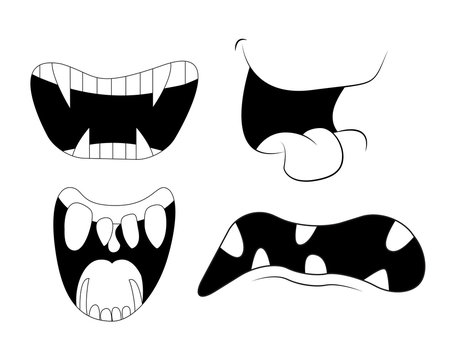 Cartoon smile, mouth, with teeth set.  vector silhouette, outline illustration isolated on white background