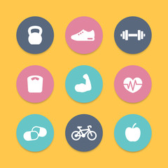 Fitness simple flat icons, vector illustration