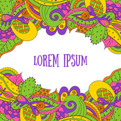 Hand drawn doodle frame with place for text. Abstract zentangle background. Doodle with cactus and leaves. Vector floral illustration. For greeting card, wedding invitation, baby shower, party.