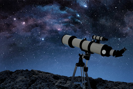 telescope on rocky ground observing a starry night sky