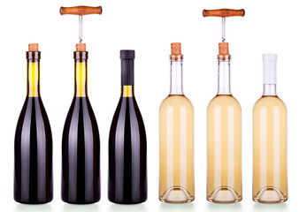Set from red and white bottles of wine isolated 