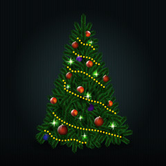 Christmas tree on black. Vector beautiful christmas tree with co