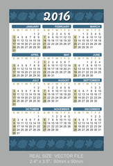 Pocket Calendar 2016, vector, start on Sunday