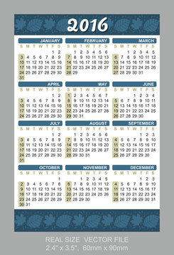 Pocket Calendar 2016, vector, start on Sunday