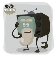 Vector old things, TV set. Cartoon image of things the old generation, brown TV set with blue screen with a white mustache and beard with an antenna on a light gray background. 