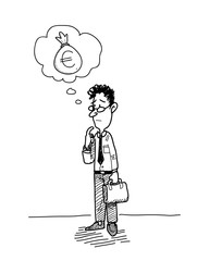 Businessman Wondering About Money (Euro), a hand drawn vector illustration of a businessman imagining his profit.