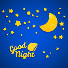Good Night Bed Time Illustration for Children. Stars, Moon, Pillow and Inscription