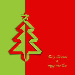 Christmas card with folded green red paper tree template