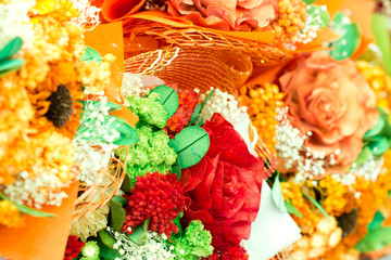 Artificial flowers close up.