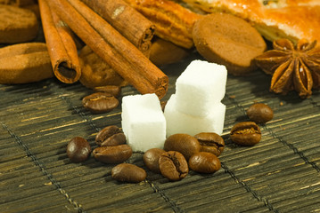 cookies, anise stars, sugar, coffee beans