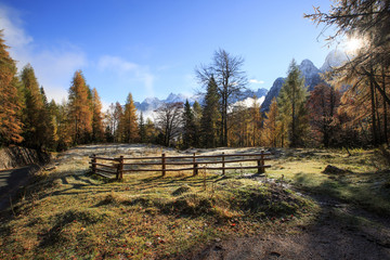Mountain pasture with morning frost on grass © zlikovec