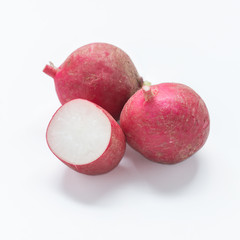 Red radish isolated on white background. Selective focus..