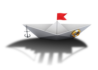 Paper boat with the shadow of a large ship. 3d.