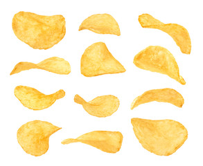 Set of potato chips close-up on an isolated white background - Powered by Adobe