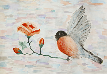Watercolor illustration of stylized roses and bullfinch