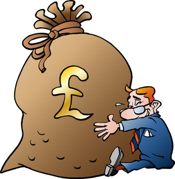 Vector cartoon illustration of a businessman hugging a sack of money Pound