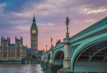 Fototapeta na wymiar Westminster Bridge with the Big Ben at sunset, London, UK