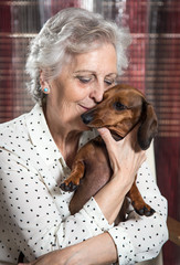 Portrait of a happy senior woman with dachshund dog