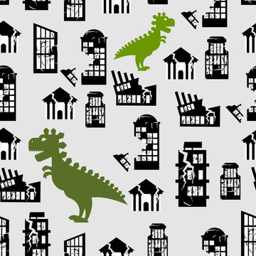 Godzilla Destroys  City Seamless Pattern. Great Monster Breaks D