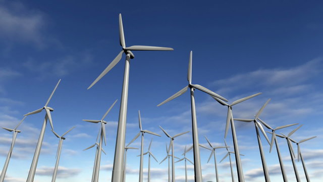 Animated wind turbines in a windfarm. Loop-able