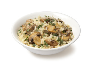 risotto with mushrooms on a whit background
