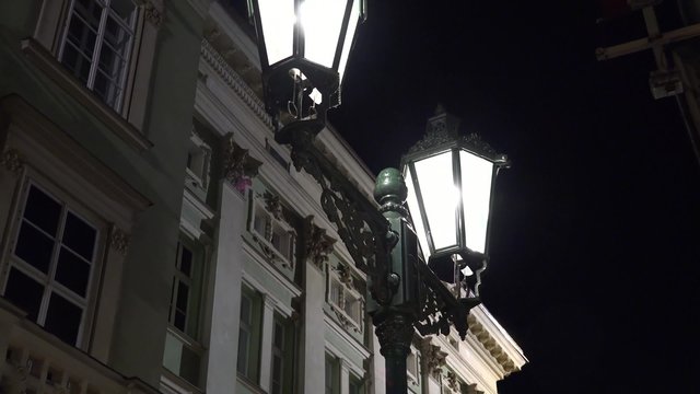night urban street - lamp - night exterior vintage building - high contrast